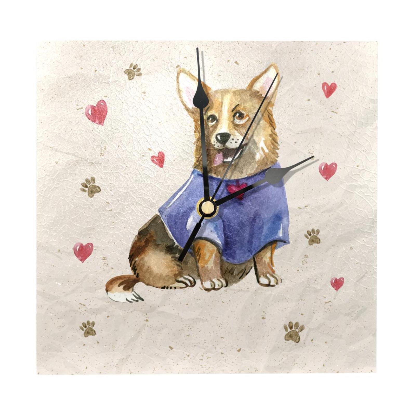 OWNTA Watercolor Cute Puppy Pattern Wood Square Wall Clock, 7.87 in