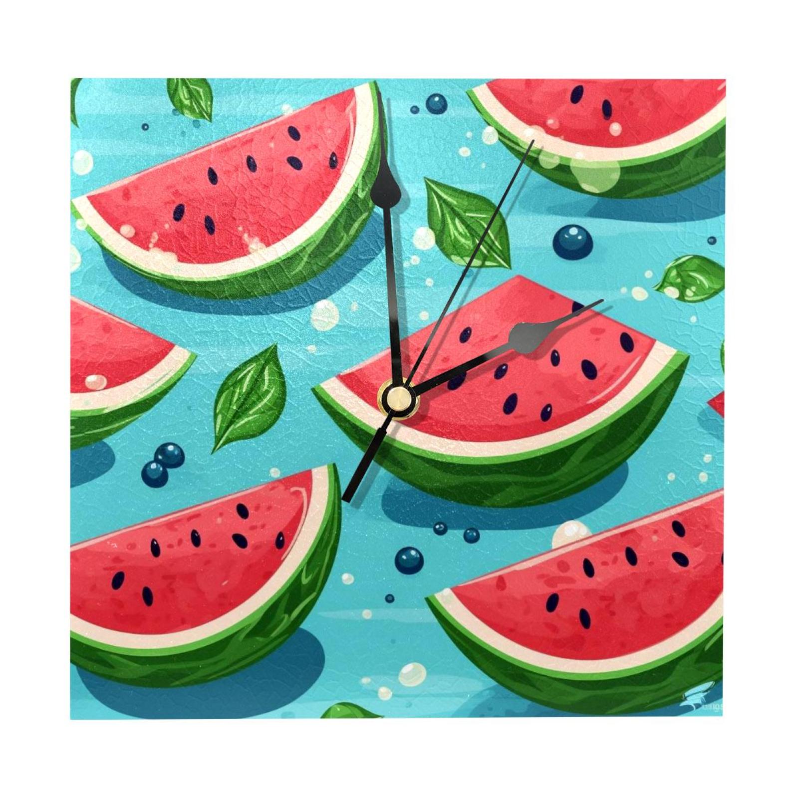 OWNTA Watermelon Pattern Wood Square Wall Clock, 7.87 in, Silent Non