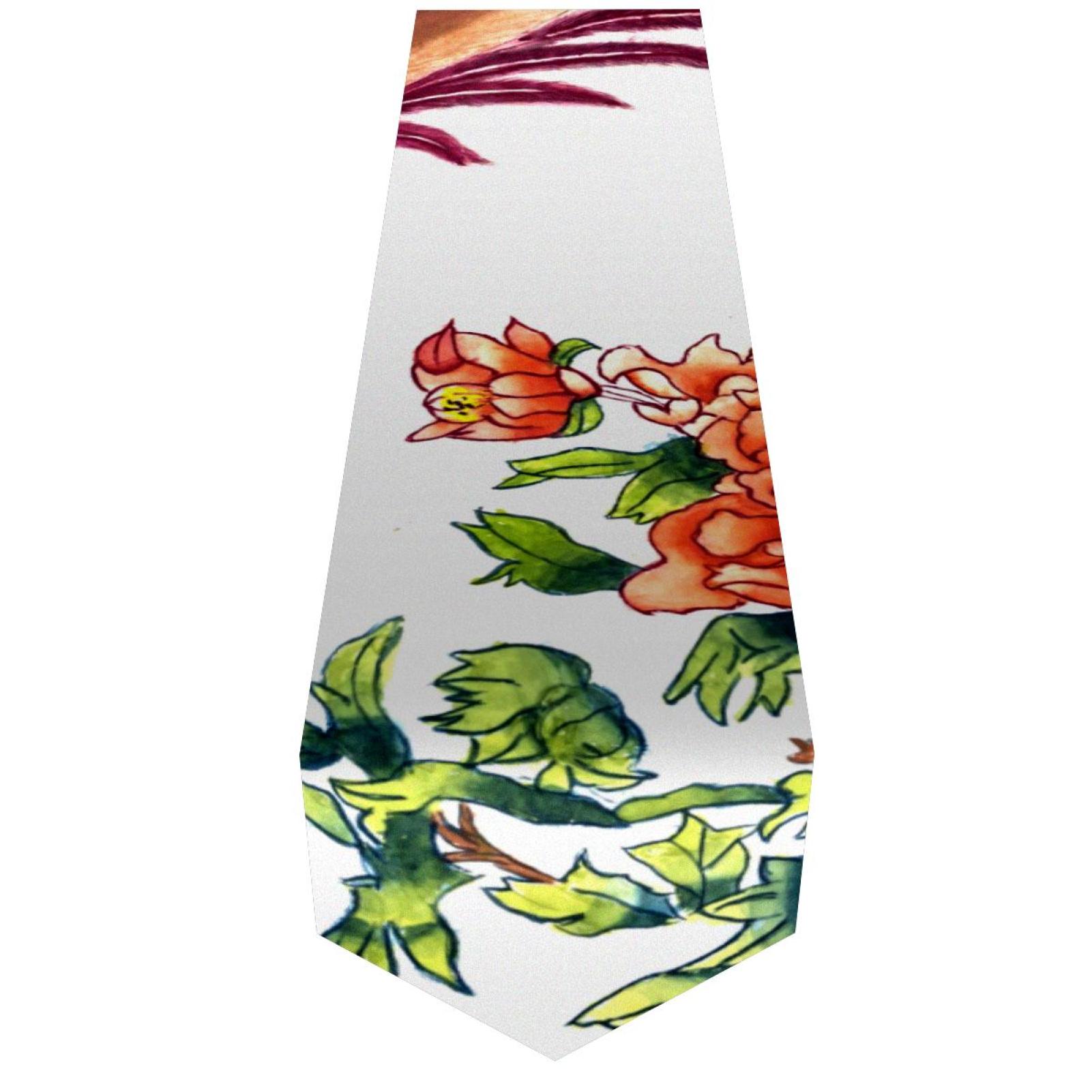 OWNTA White Floral Flower Bird Pattern Elegant Polyester Table Runner