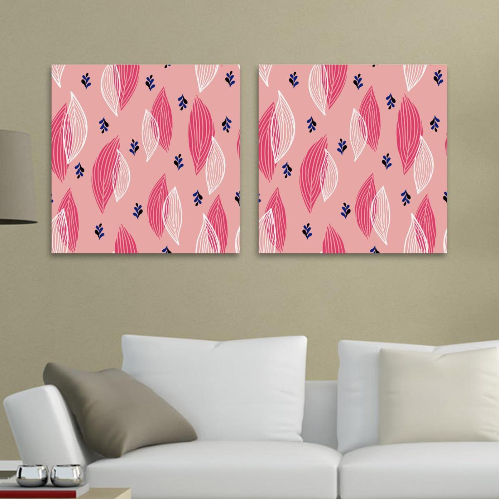 OWNTA White Rosy Leaves Pink Background Pattern 2PC Canvas Wall Art