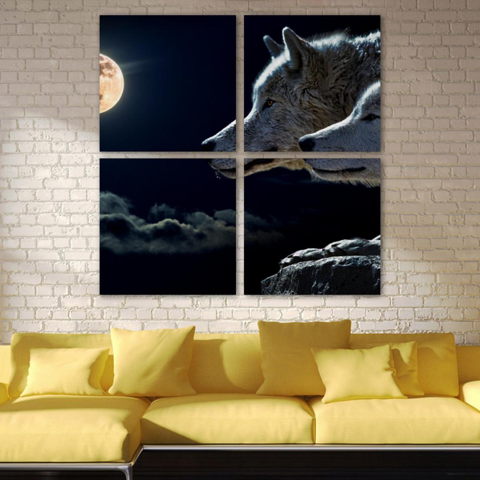OWNTA Wolves Look the Moon Pattern 4PC Frameless Canvas Wall Art