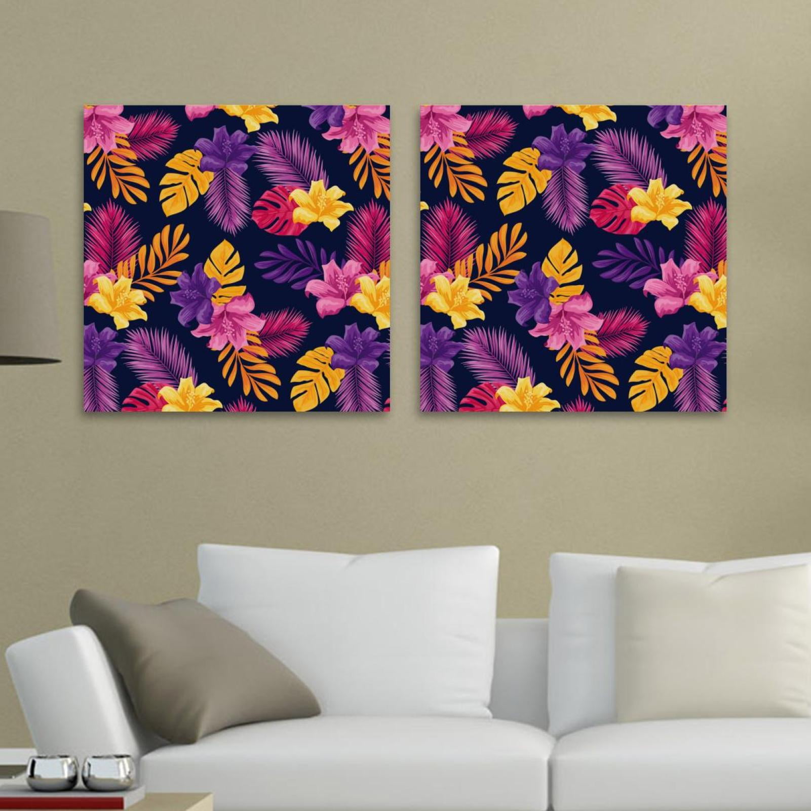 OWNTA Yellow Purple Pink Leaves Floral Pattern 2PC Canvas Wall Art