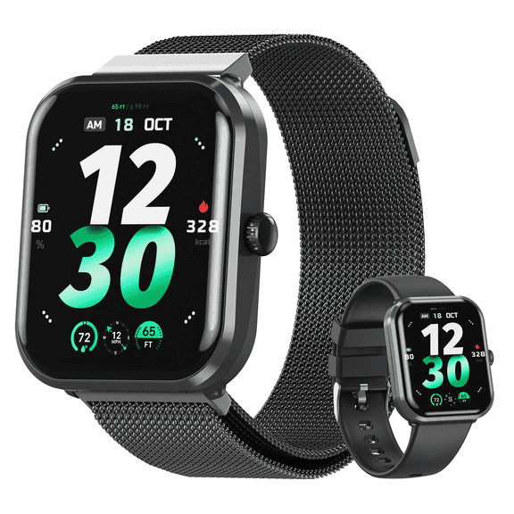 OWNTECH 1.9-inch Smart Watch Compatible with Android and iPhone, Fitness Tracker with Call Function, 100+ Sports Modes, IP68 Waterproof Activity Tracker, Dual Straps, Black