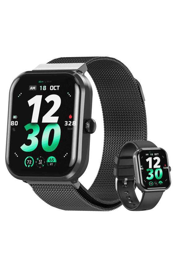 1.9-inch Smart Watch Compatible with Android and iPhone, Fitness Tracker with Call Function, 100+ Sports Modes, IP68 Waterproof Activity Tracker, Dual Straps, Black