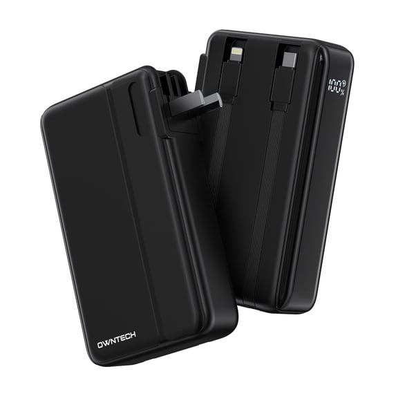 OWNTECH 10000mAh Portable Charger with Built-in Cable & AC Wall Plug, 4-Output LCD Display, Fast Charging Power Bank, Compatible with iPhone Android Smartwatch