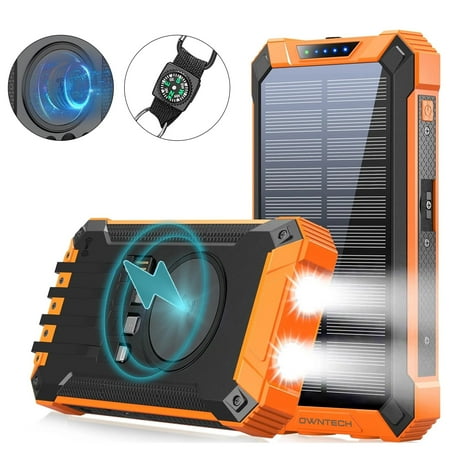 OWNTECH 30000mAh Solar Power Bank Portable Charger with 4 Cables & 3 USB Ports, Wireless Charger with LED Light, Compatible with iPhone, Android, for Camping, Hiking, Black Orange