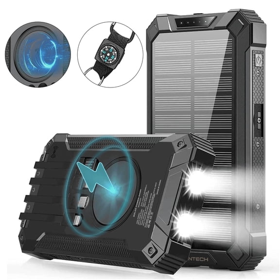 OWNTECH 30000mAh Portable Solar Charger for iPhone Android, Wireless Power Bank with 4 Charging Cables and 3 USB Port