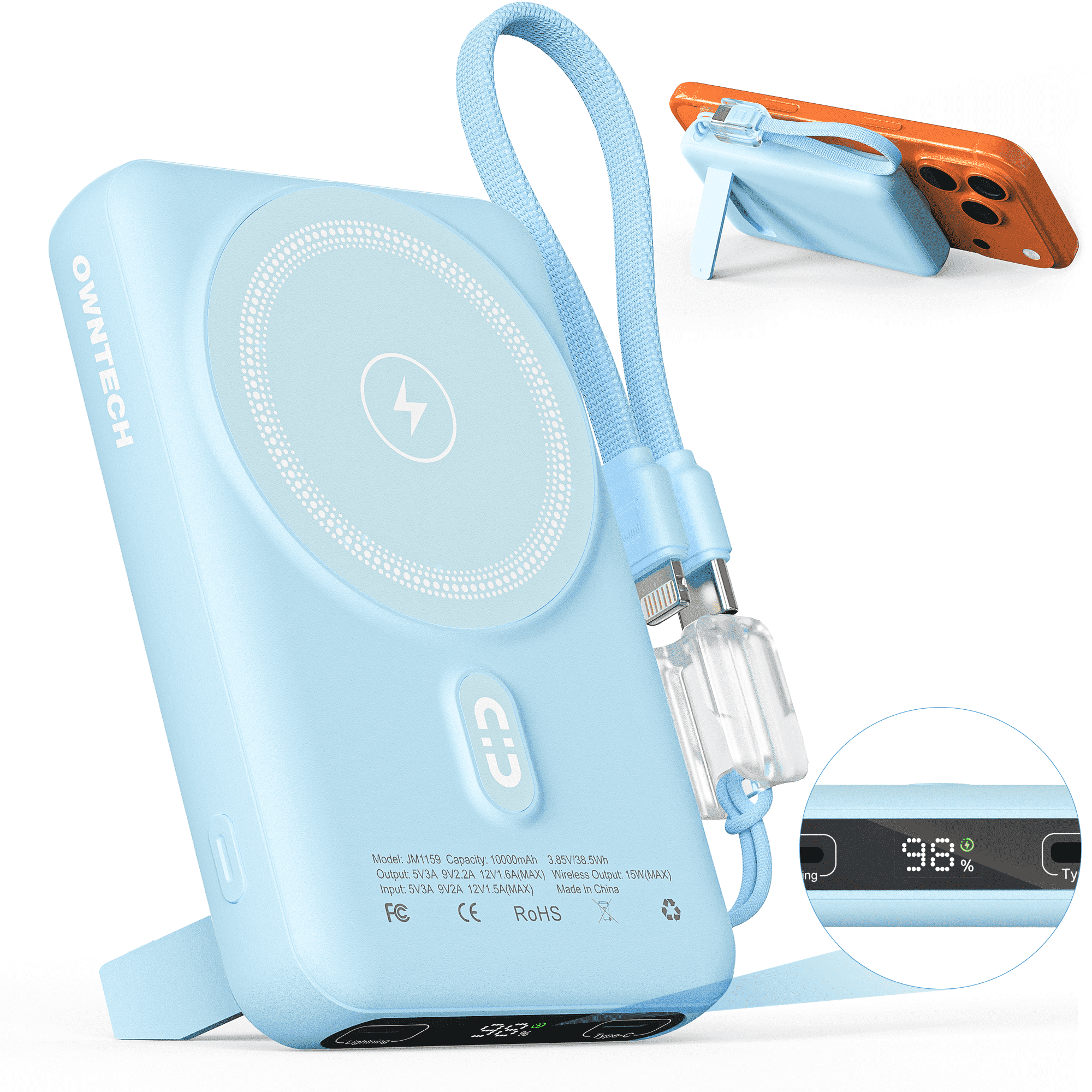 OWNTECH 10000mAh Magnetic Wireless Power Bank with Smart Display, 22.5W PD Fast Charging Portable Charger, Built-in Foldable Stand & USB-C Cable Compatible with iPhone 17/16/15/14 Series (Blue)