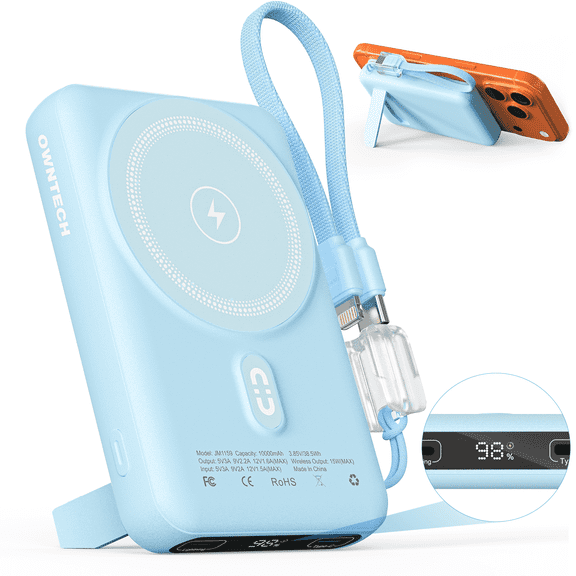 OWNTECH 10000mAh Magnetic Wireless Power Bank with Smart Display, 22.5W PD Fast Charging Portable Charger, Built-in Foldable Stand & USB-C Cable for iPhone 17/16/15/14 Series (Blue)