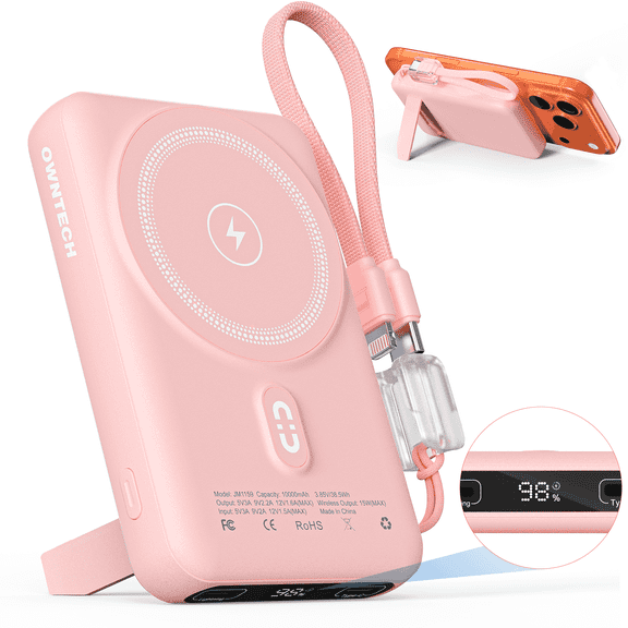 OWNTECH 10000mAh Magnetic Wireless Power Bank with Smart Display, 22.5W PD Fast Charging Portable Charger, Built-in Foldable Stand & USB-C Cable Compatible with iPhone 17/16/15/14 Series (Pink)