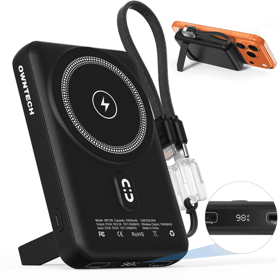 OWNTECH 10000mAh Magnetic Wireless Power Bank with Smart Display, 22.5W PD Fast Charging Portable Charger, Built-in Foldable Stand & USB-C Cable Compatible with iPhone 17/16/15/14 Series (Black)