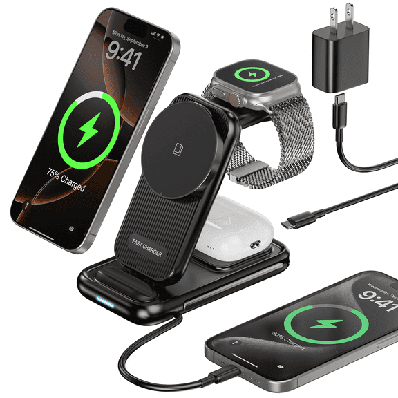 OWNTECH 4-in-1 Wireless Charging Station for iPhone 16/15/14, AirPods, Apple Watch & Samsung Watch - Includes 30W Fast Charger (Black)