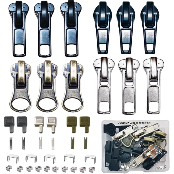 OWNTIDE  #5 Zipper Repair Kit: 12 Sliders w/ Pulls, 6 Retainer Boxes & Pins, Top/End Stops - Fits Metal, Plastic & Nylon Zippers for DIY Jacket & Coat
