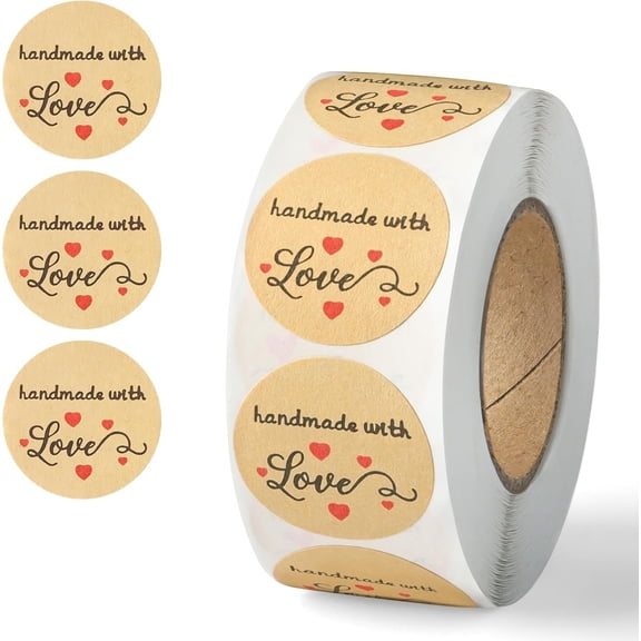 OWNTIDE 500PCS Handmade with Love Stickers, Kraft Made with Love Tags 1 Inch(25mm) Seal Labels Self-Adhesive for Baked Packaging Envelope Homemade Gift Small BusinessNew