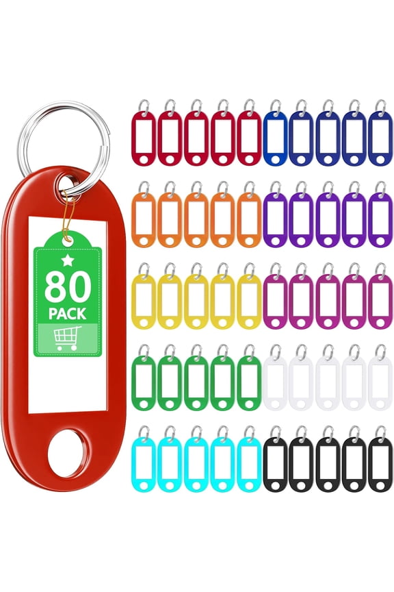 80 Pack Colored Plastic Key Tags with Labels, Keychain ID Tags for USB Drives, Pets, Bags, Luggage - Easy Sort & Identify