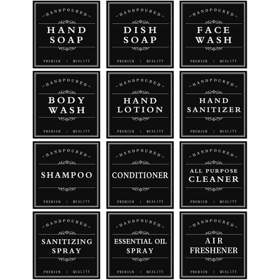 OWNTIDE White Waterproof Soap Labels for Plastic/Glass Bottles, Bathroom/Kitchen Hand Soap Dispenser Label Stickers, Removable Cleaning Bottle Labels for Soap, Shampoo Conditioner, 12Pack (Black)