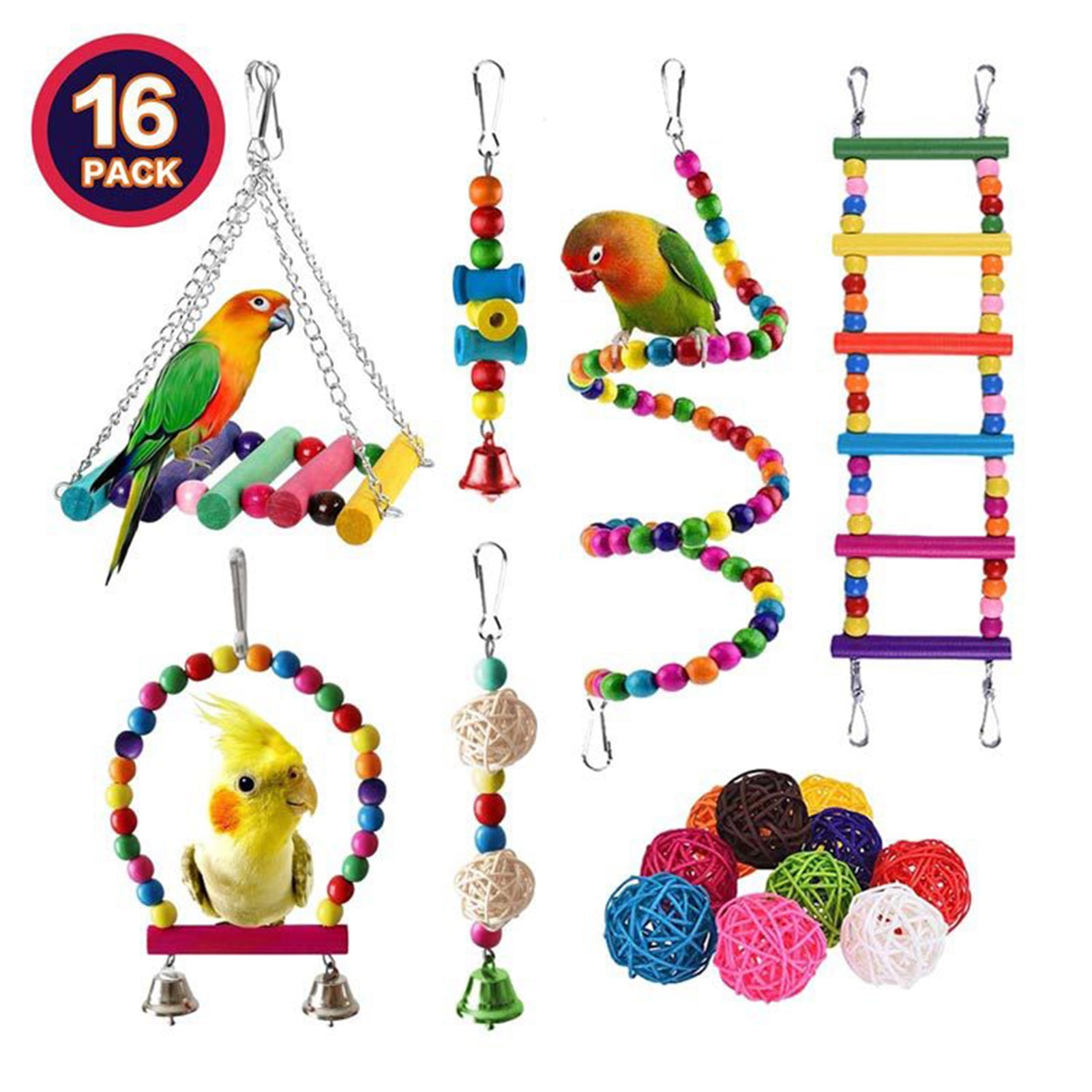 OWSOO 16 Packs Toy Set for Parrots Variety of Toys for Bird Cage