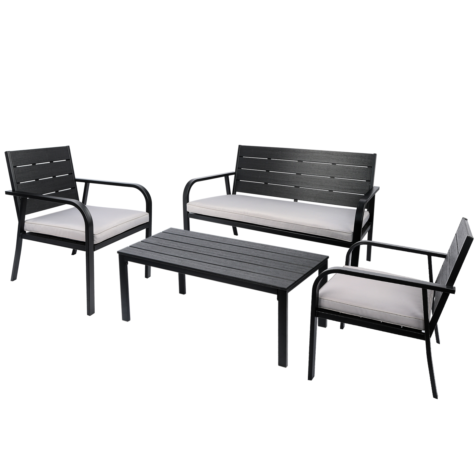 OWSOO 4 Pieces Patio Garden Sofa Conversation Set Wood Grain Design PE Steel Frame Loveseat All Weather  Furniture Set with Cushions Coffee Table for Backyard Balcony Lawn Black and Grey - image 1 of 7