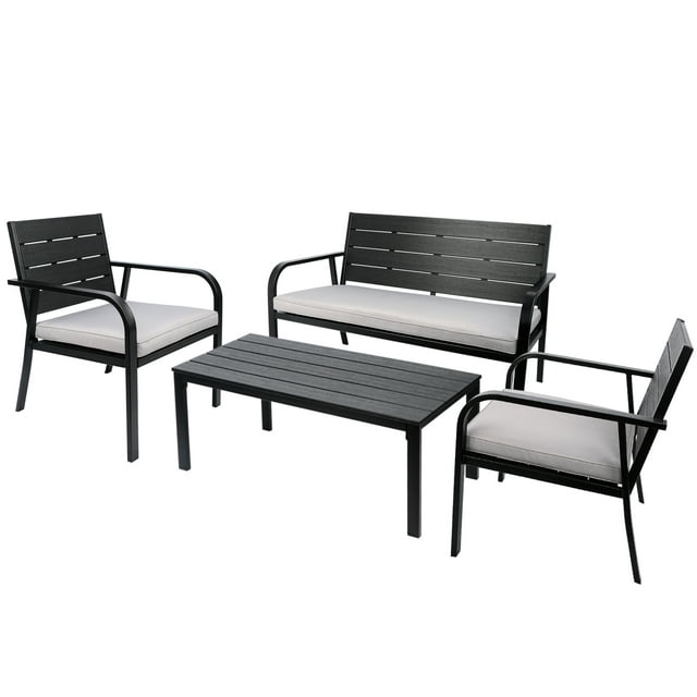 OWSOO 4 Pieces Patio Garden Sofa Conversation Set Wood Grain Design PE Steel Frame Loveseat All Weather  Furniture Set with Cushions Coffee Table for Backyard Balcony Lawn Black and Grey