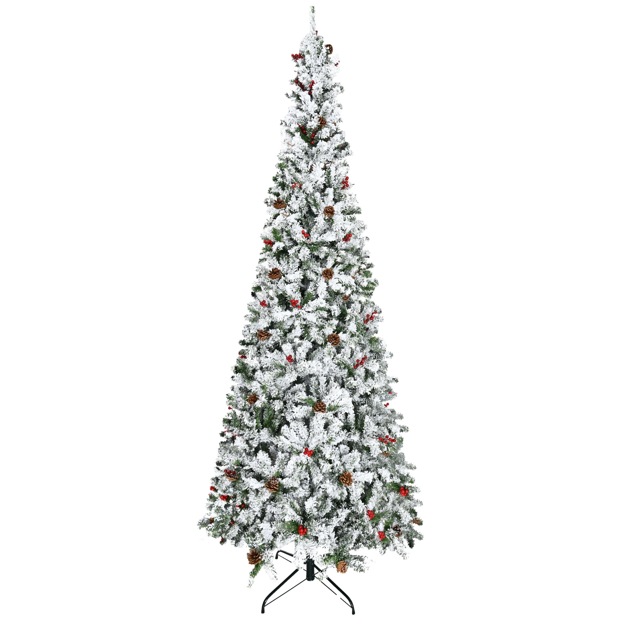 OWSOO 9ft Pencil Snow Flocked Artificial Christmas Tree with Realistic Branches, Pine Cones, Red