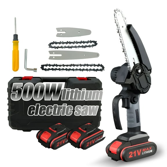 OWSOO Electric Chainsaw 4" 6" Portable with Lock, 2 Chains, 21V Rechargeable Battery Operated Cordless for Wood Cutting