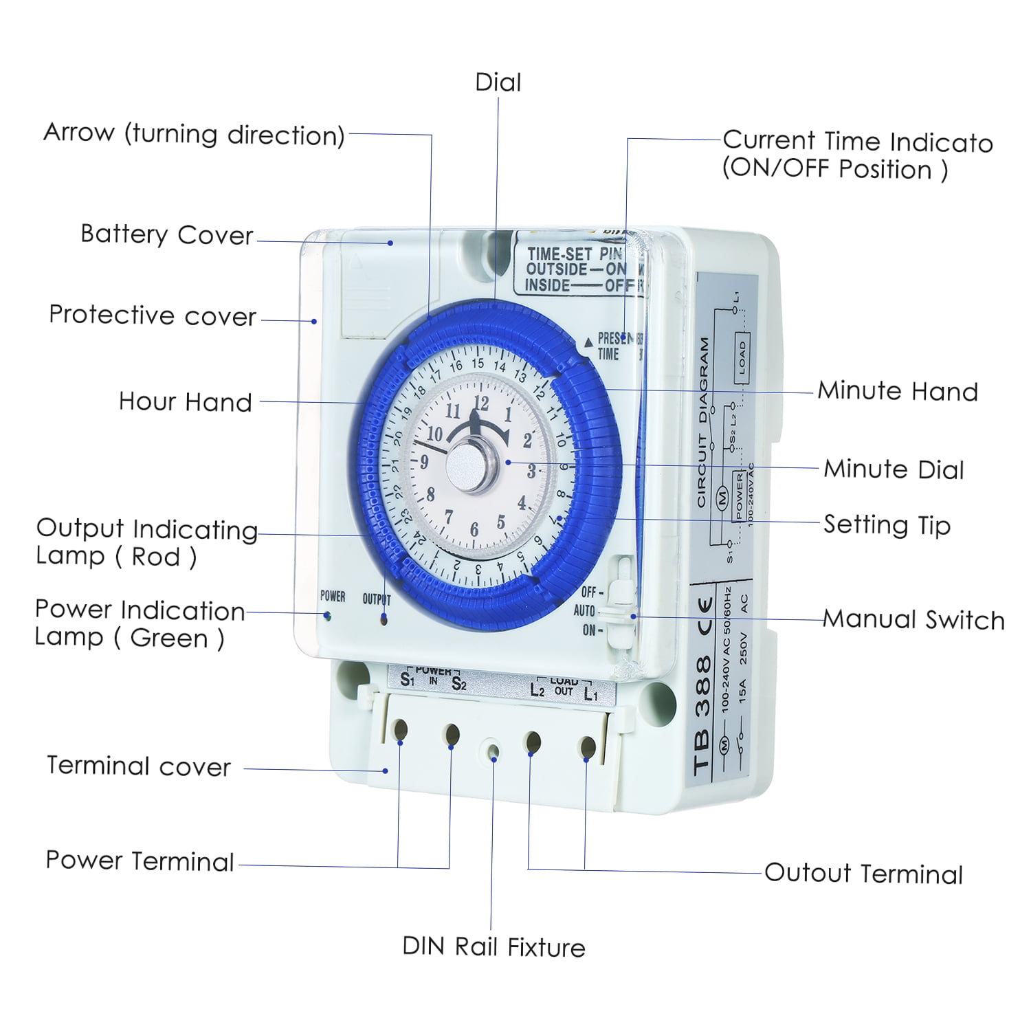 OWSOO Timer,Push Pins Non 100v240v 15a Time Battery 15minute