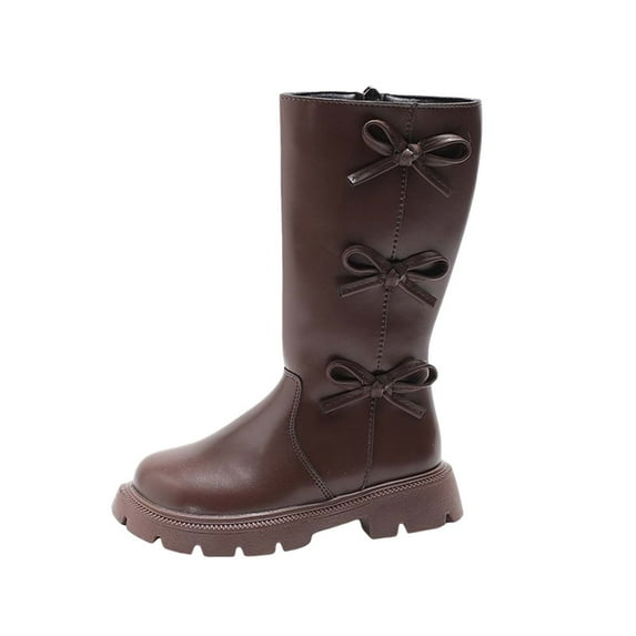 OWUUcdse Girl's Riding Boots, Bow Non-Slip Side Zipper Fall Knee High Boots Brown Size 1.5 (Big Kids)