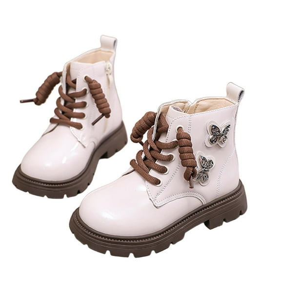 OWUUcdse Girls Fall Ankle Boots, Lace-Up Winter Side Zipper Non-Slip Riding Boots White Size 2 (Big Kids)