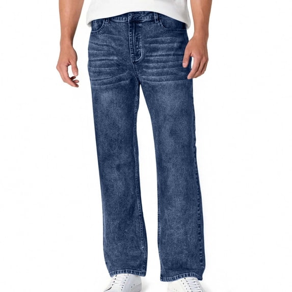OWUUcdse Men's Denim Pants with Pockets, Soft Stretchy Casual Relaxed Fit Straight Leg Jeans Blue Size 2XL