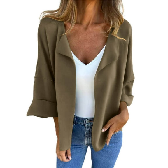 OWUUcdse Women Fall Jackets, Lapel Collar Dropped Shoulder Casual 3/4 Sleeve Outerwear Tops Bronze Size 3XL