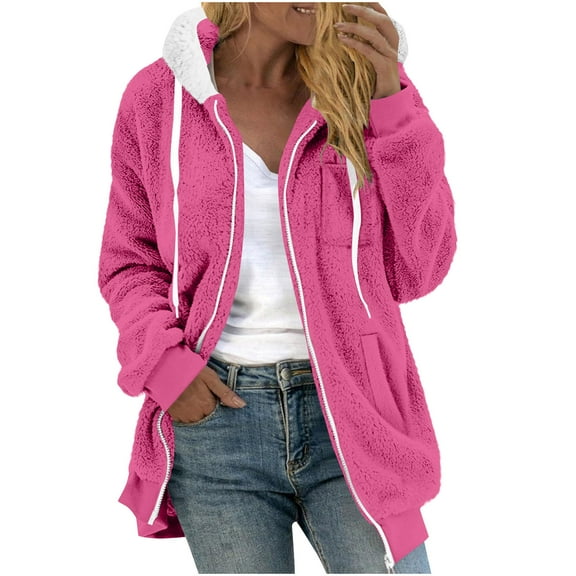 OWUUcdse Women Fleece Jackets, Comfy Long Sleeve Thermal Hooded Winter Coats Hot Pink Size XL