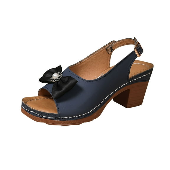 OWUUcdse Women's Chunky Heel Sandals, Casual Open Toe Non-slip Outdoor Heeled Sandals Navy Size 39