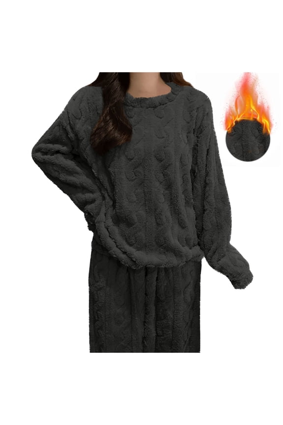 Women's Fleece Pajamas, Stretchy Long Sleeve Thermal Crewneck Winter Sleepwear Tops Black Size One Size