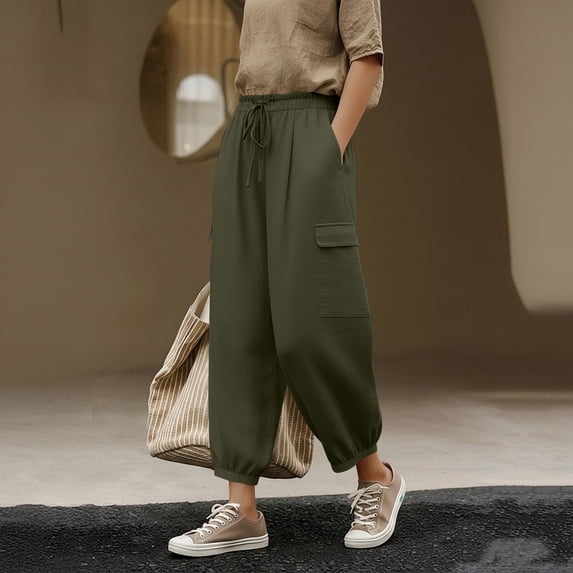 OWUUcdse Women's Jogger Pants, Drawstring Elastic Waist Casual Outdoor Cargo Pants Army Green Size L