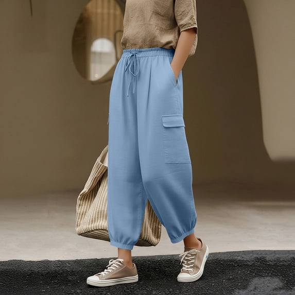 OWUUcdse Women's Jogger Pants, Drawstring Outdoor Casual Elastic Waist Cargo Pants Light Blue Size L