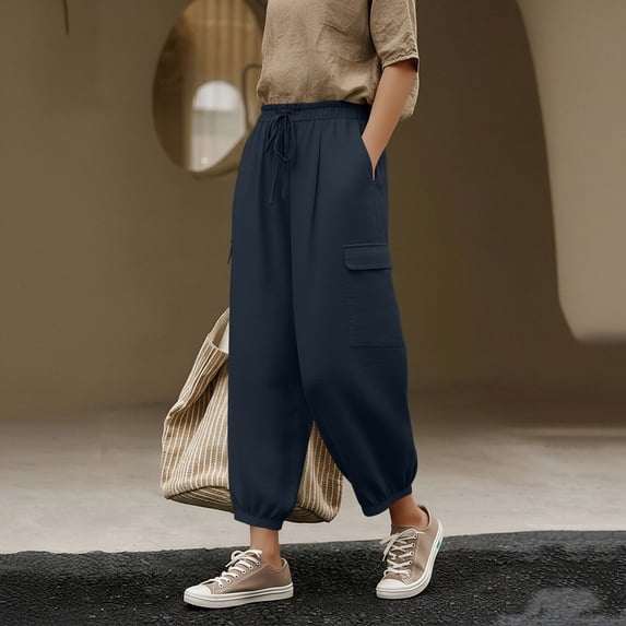 OWUUcdse Women's Jogger Pants, Outdoor Elastic Waist Drawstring Casual Cargo Pants Navy Size L