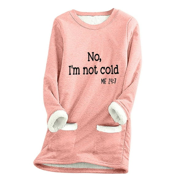 OWUUcdse Women's Long Sleeve Tops, Crew Neck Fleece-lined Loose Fit Thermal Winter Tops with Pockets Pink Size L
