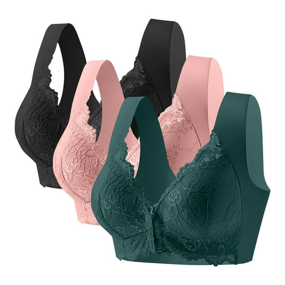 OWUUcdse Women's Non-wire Front Zipper Bras, Stretchy 3-pack Seamless Lightweight Women's Underwear Pink Size 46