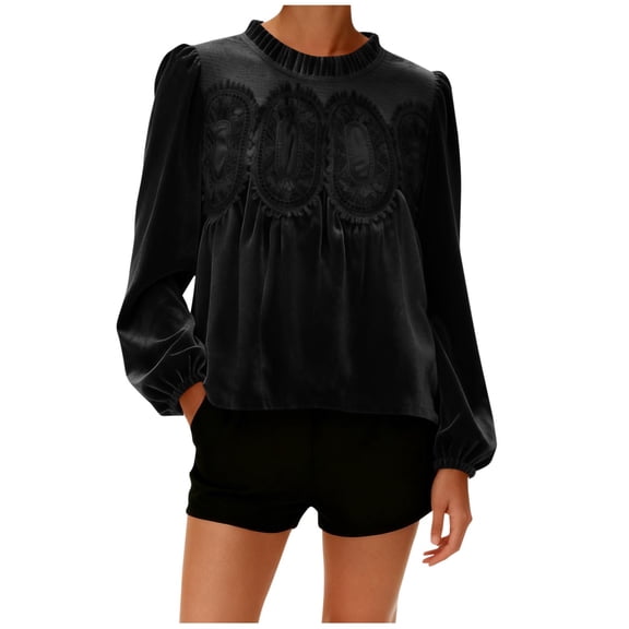 OWUUcdse Women's Velvet & Lace Blouse, Party Dressy Crewneck Elegant Long Sleeve Tops Black Size L