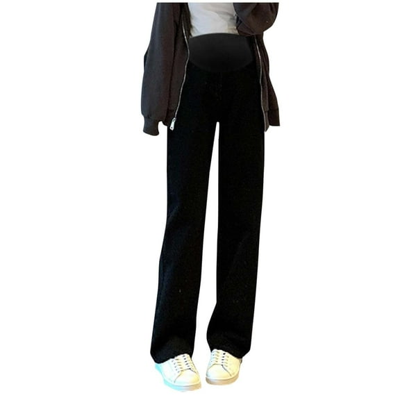OWUUcdse Womens Maternity Denim Pants, Wide Leg Stretchy Elastic Waist Loose Belly Support Pants Black Size L