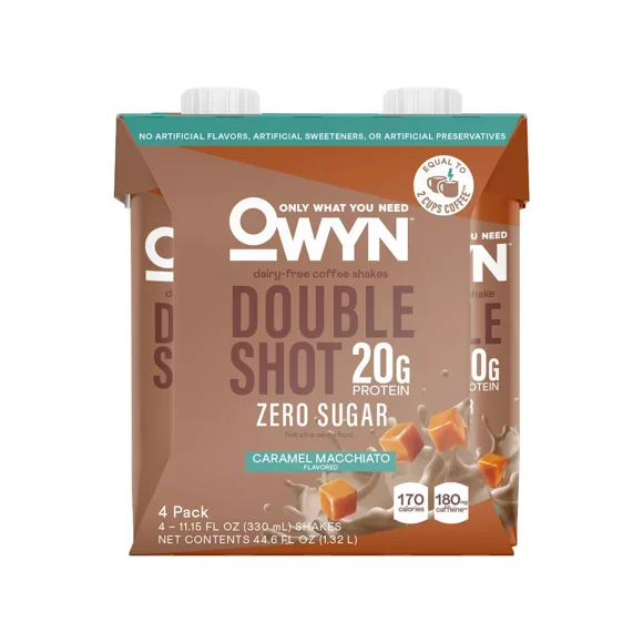 OWYN Double Shot 20g Protein Coffee Shakes, Caramel Macchiato, 11.15 fl oz, 4 Count