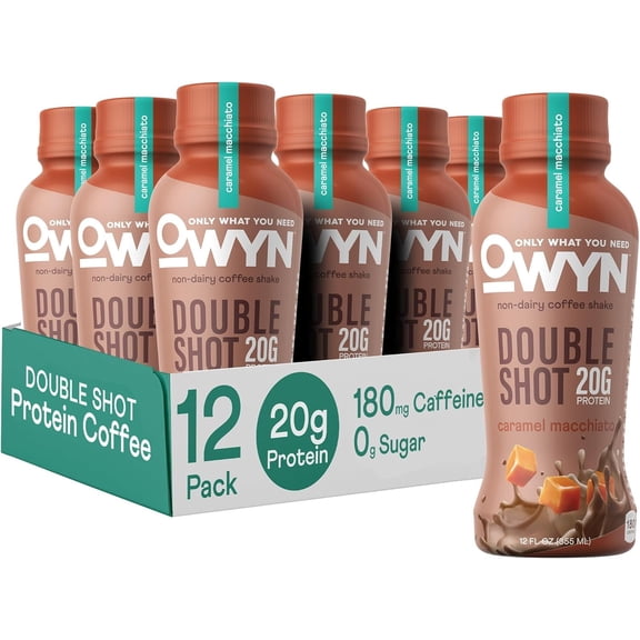 OWYN Only What You Need Double Shot Dairy Free Keto Protein Coffee Shake, Caramel Macchiato, 0g Sugar, 20g Plant Based Protein, 180mg Caffeine, Gluten & Soy Free, Non-GMO, Vegan (12 Pack, 12 Fl Oz)