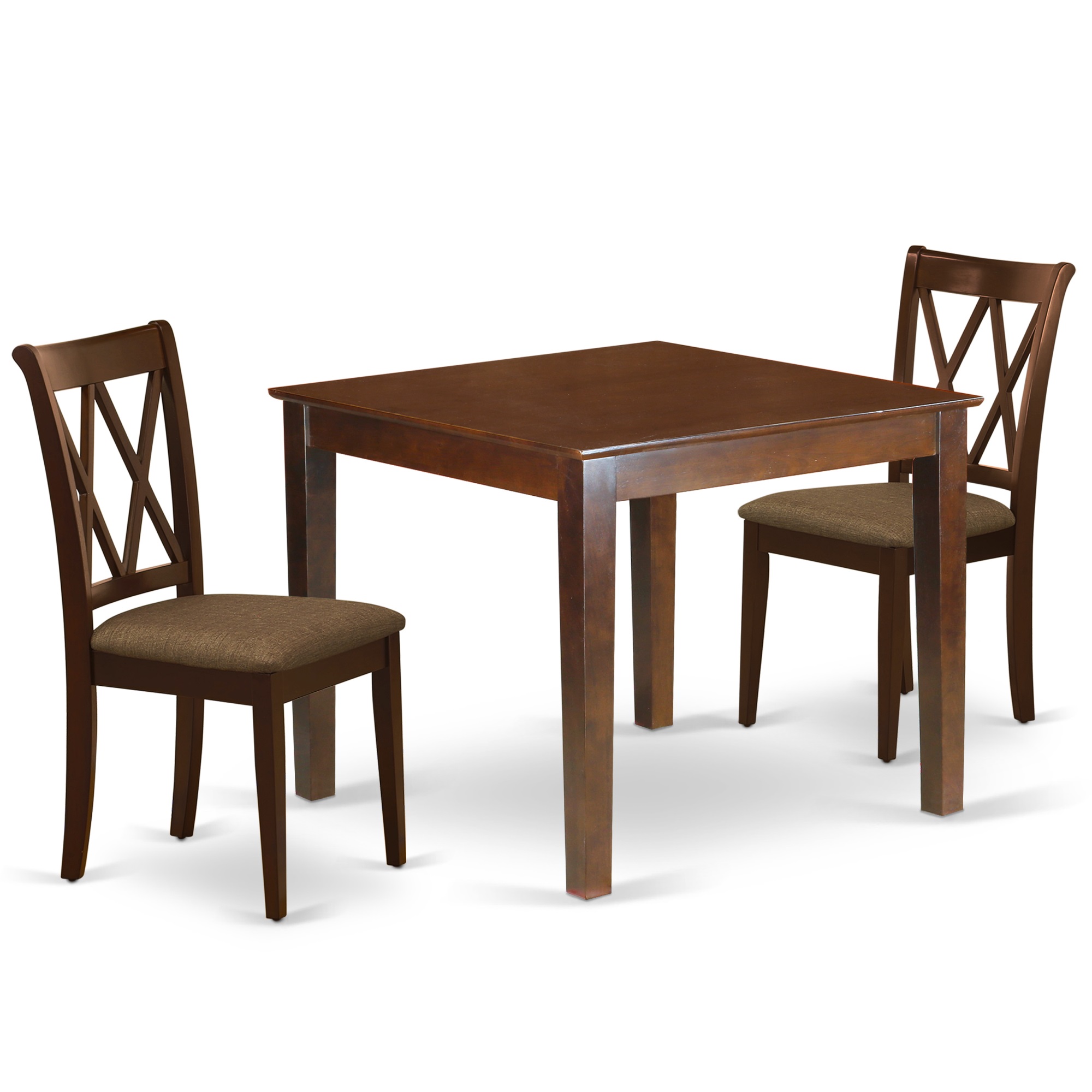 East West Furniture Set Da Pranzo 3 Pezzi Vernon - Tavolo Quadrato In Mogano E 2 Sedie Imbottite In Lino