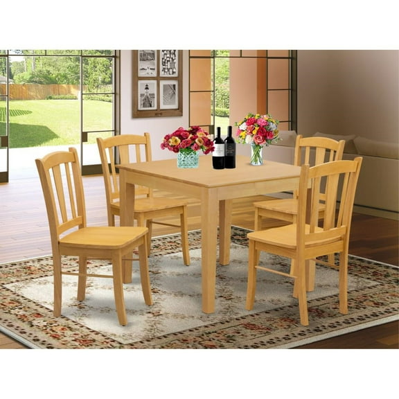 East West Furniture OXDL5-OAK-W - 5-Piece Dining Room Table Set- 4 Wooden Chair and Wood Dining Table - Wooden Seat and Slatted Chair Back - Oak Finish