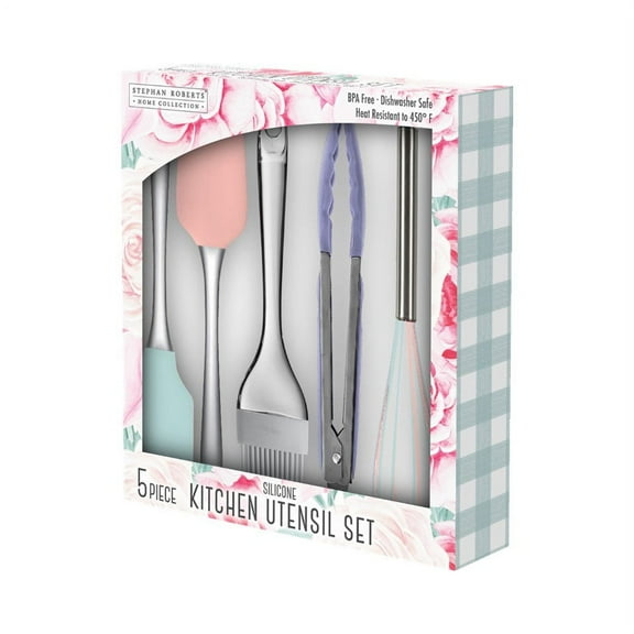 OXFM 5 Piece Silicone Utensils Set,  Silicone Baking Set, April Showers, Includes Spatula, Batter Spoon, Basting Brush, Tongs & Whisk