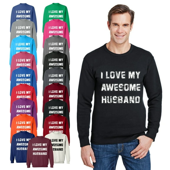 OXI Crewneck Sweatshirt - I Love My Awesome Husband, Basic Casual Sweatshirts for Men's and Women Fleece Sweatshirt Long Sleeve - Black X-Large