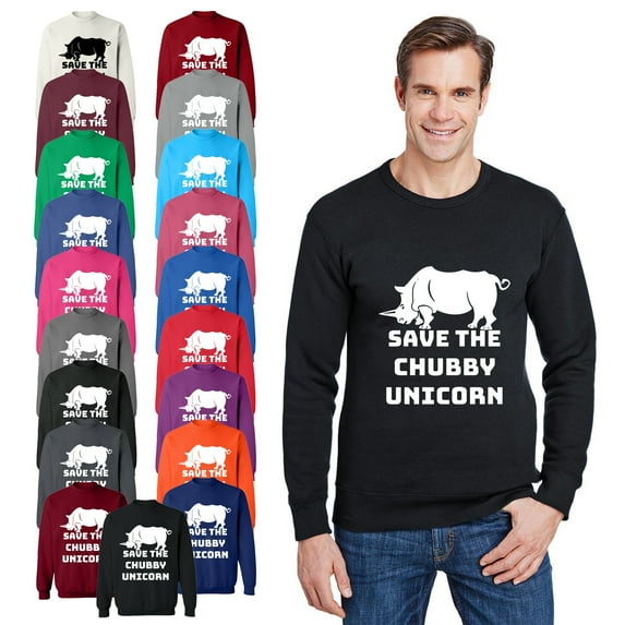 OXI Crewneck Sweatshirt - Save The Chubby Unicorn,Basic Casual Sweatshirts for Men's and Women Fleece Sweatshirt Long Sleeve- White Large
