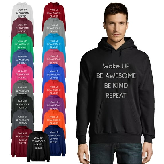 OXI Hoodie Sweatshirt - Wake Up Be Awesome Be Kind Repeat, Basic Casual Hoodie for Men's and Women Fleece Hoodie Long Sleeve - Black Large