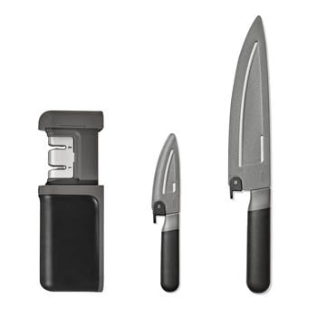 OXO 3-Piece Kitchen Knife and Knife Sharpener Set, Stainless Steel Prep Knives for Everyday Food Prep