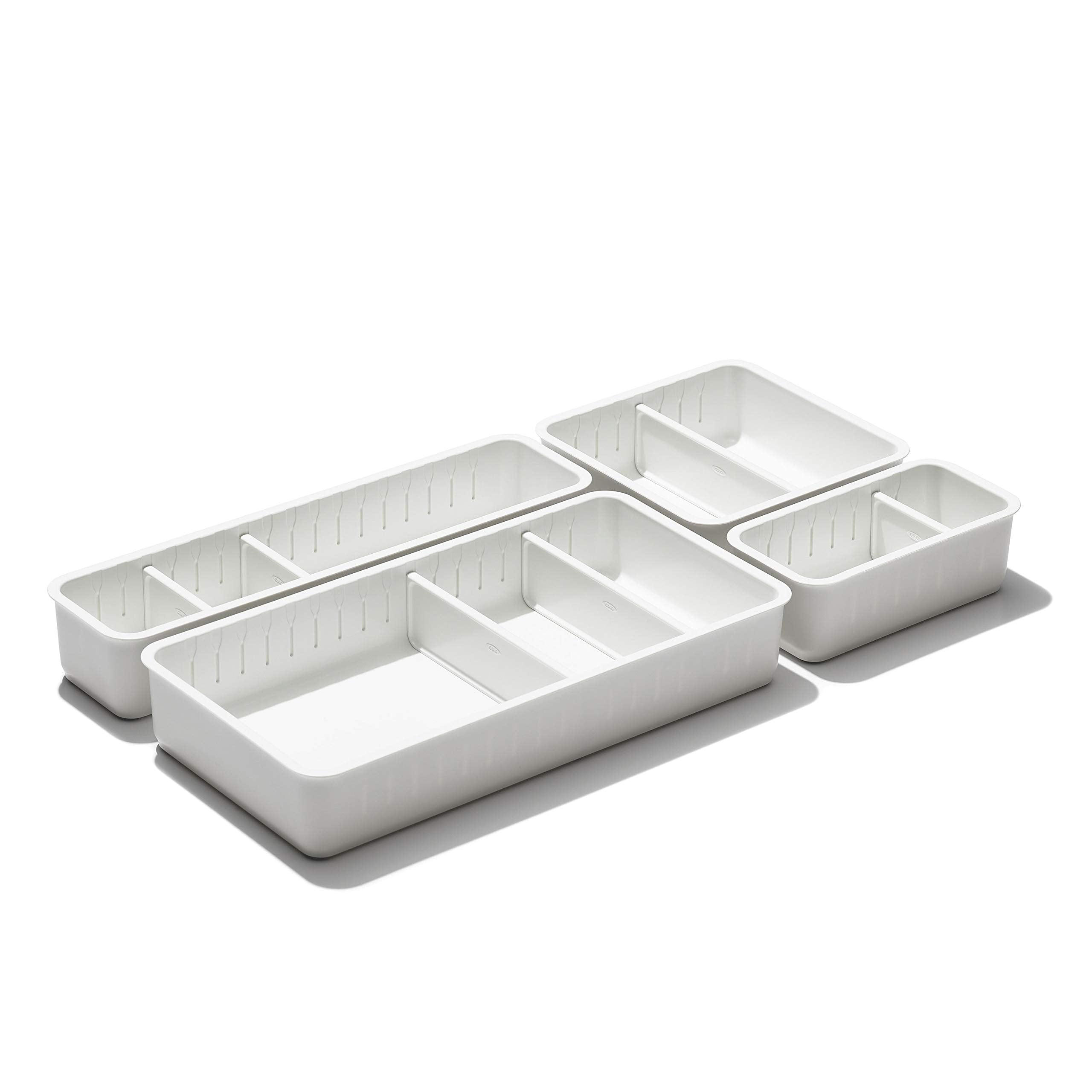 White Adjustable Plastic Drawer Bin Set with Dividers, 4-Piece